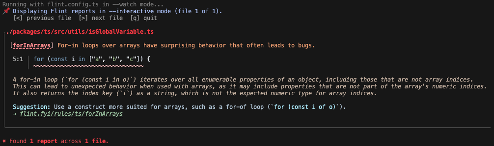 Dark mode view of the Flint terminal in --interactive --watch mode, showing 1 file's ts/forInArrays violation with details out of 4 files.